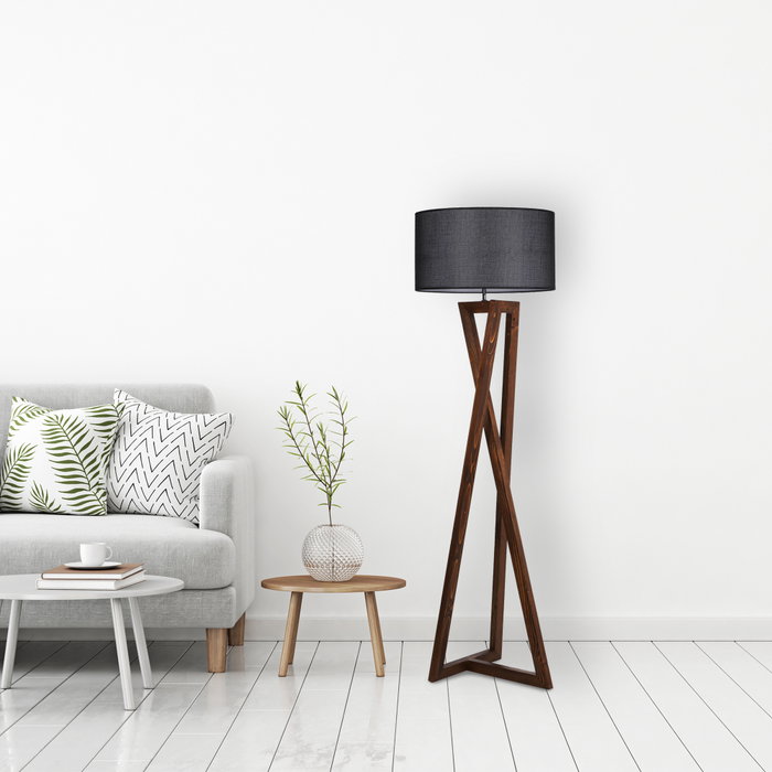 Opviq Lámpara de Pie de Madera con Pantalla de Tela Negra y Nogal Opviq Lámpara de Pie de Madera con Pantalla de Tela Negra y Nogal